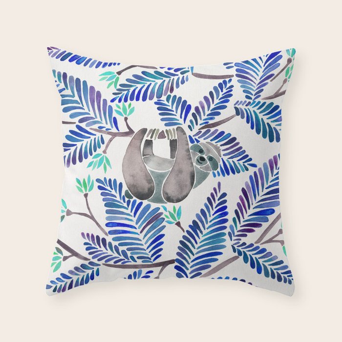 Happy Sloth - Tropical Blue Leaves Throw Pillow Gallery Image 6