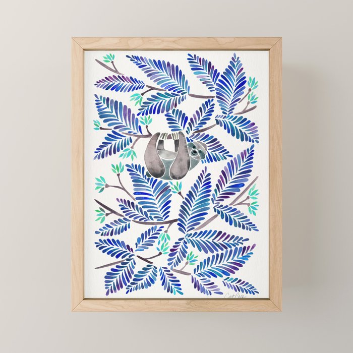 Happy Sloth - Tropical Blue Leaves Mini Art Print Gallery Image 1