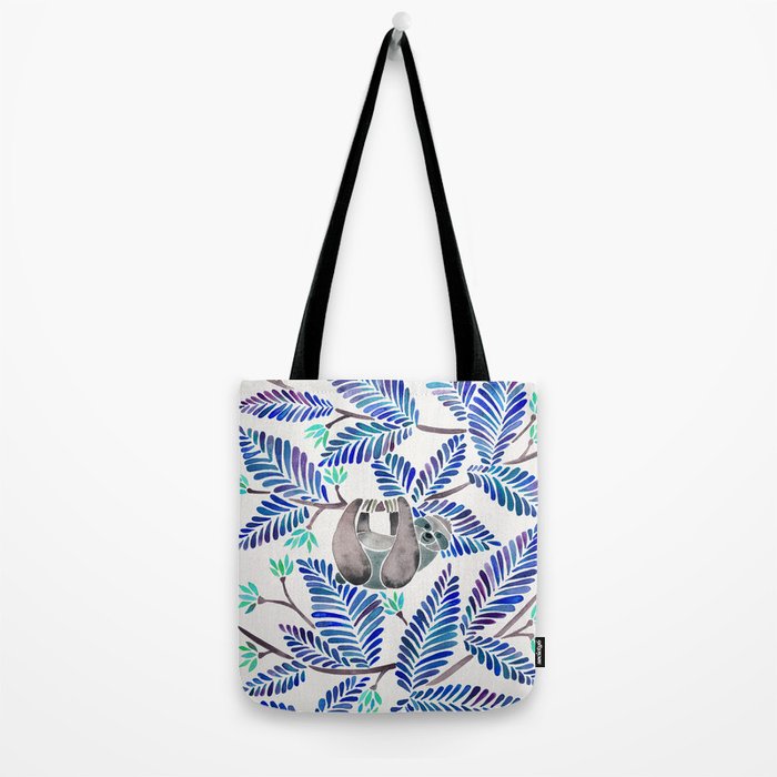 Happy Sloth - Tropical Blue Leaves Tote Bag Gallery Image 2