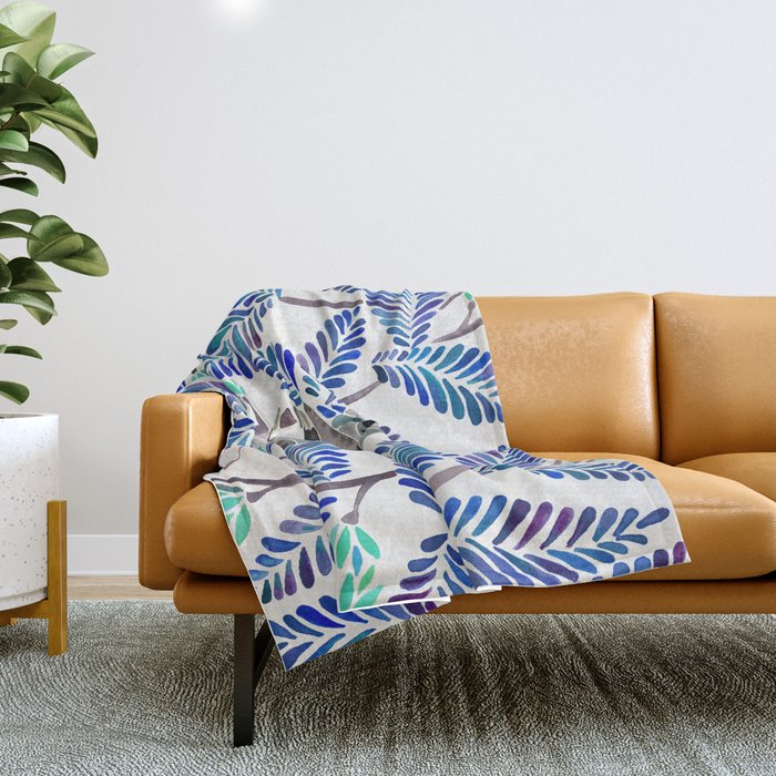 Happy Sloth - Tropical Blue Leaves Throw Blanket Gallery Image 1