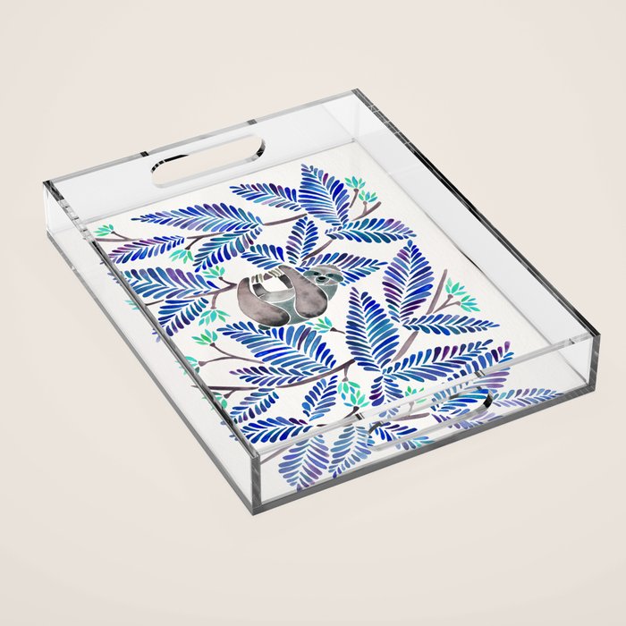 Happy Sloth - Tropical Blue Leaves Acrylic Tray Gallery Image 1
