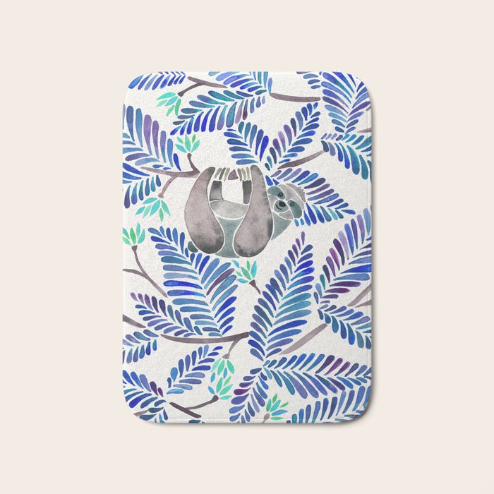 Happy Sloth - Tropical Blue Leaves Bath Mat Gallery Image 1