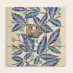 Happy Sloth - Tropical Blue Leaves Wood Wall Art Gallery Image 1