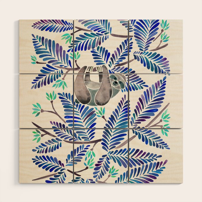 Happy Sloth - Tropical Blue Leaves Wood Wall Art Gallery Image 1