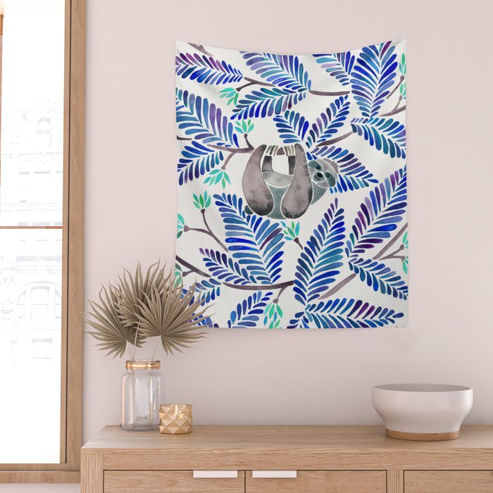 Happy Sloth - Tropical Blue Leaves Wall Tapestry Gallery Image 2