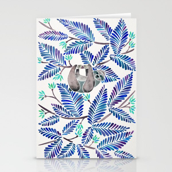 Happy Sloth - Tropical Blue Leaves Stationery Card Gallery Image 1