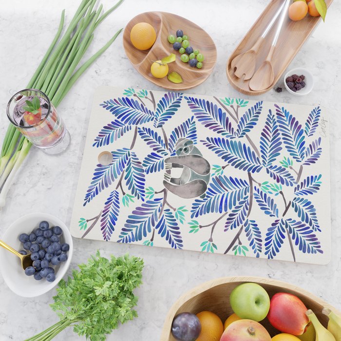 Happy Sloth - Tropical Blue Leaves Cutting Board Gallery Image 2