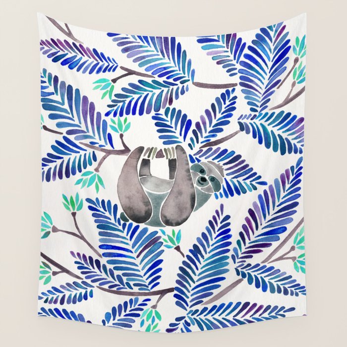 Happy Sloth - Tropical Blue Leaves Wall Tapestry Gallery Image 4