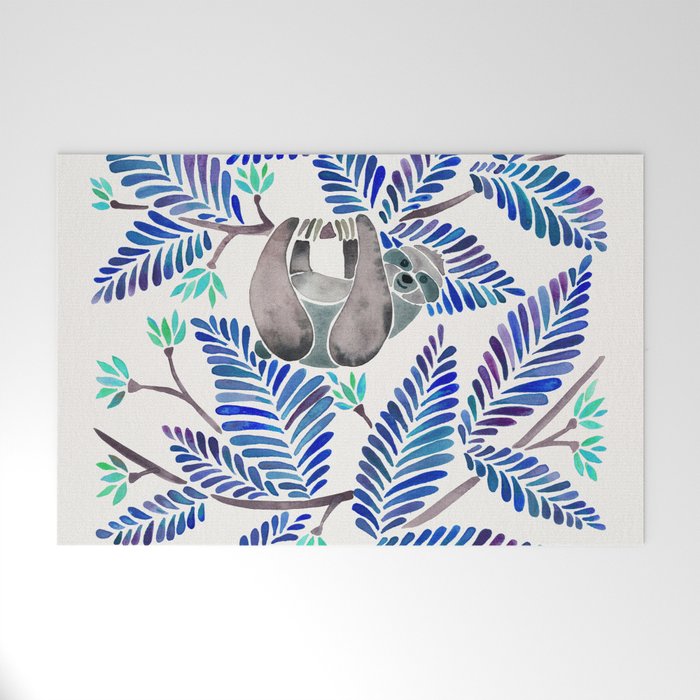 Happy Sloth - Tropical Blue Leaves Welcome Mat Gallery Image 1