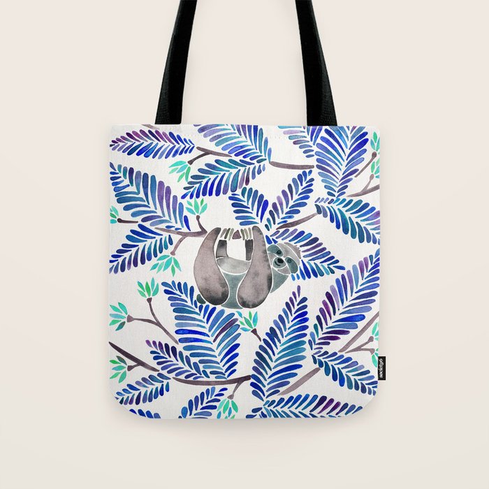 Happy Sloth - Tropical Blue Leaves Tote Bag Gallery Image 1