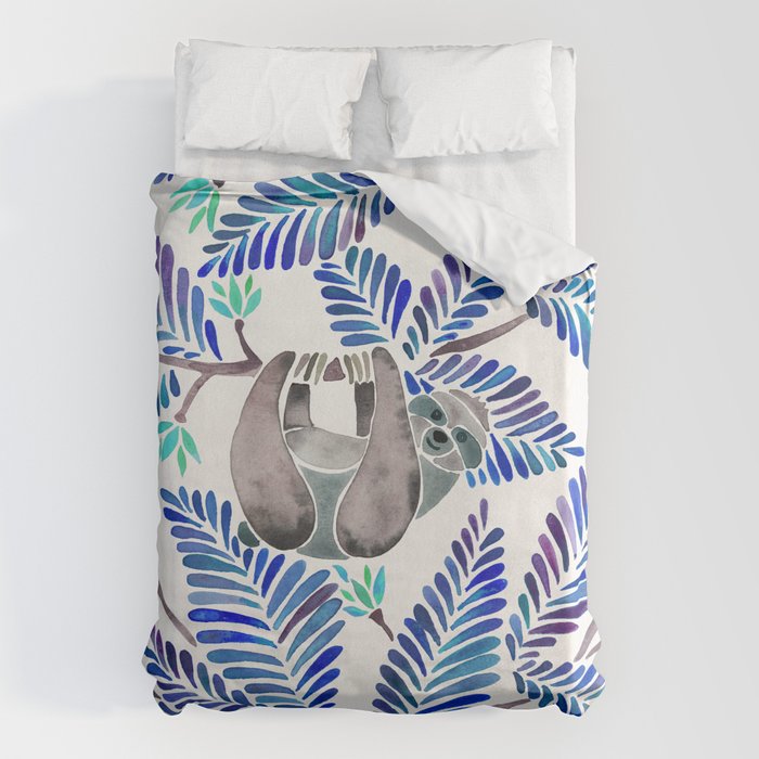Happy Sloth - Tropical Blue Leaves Duvet Cover Gallery Image 1