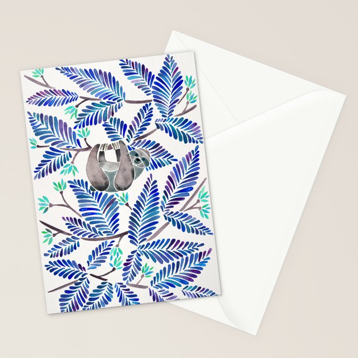 Happy Sloth - Tropical Blue Leaves Stationery Card Gallery Image 2