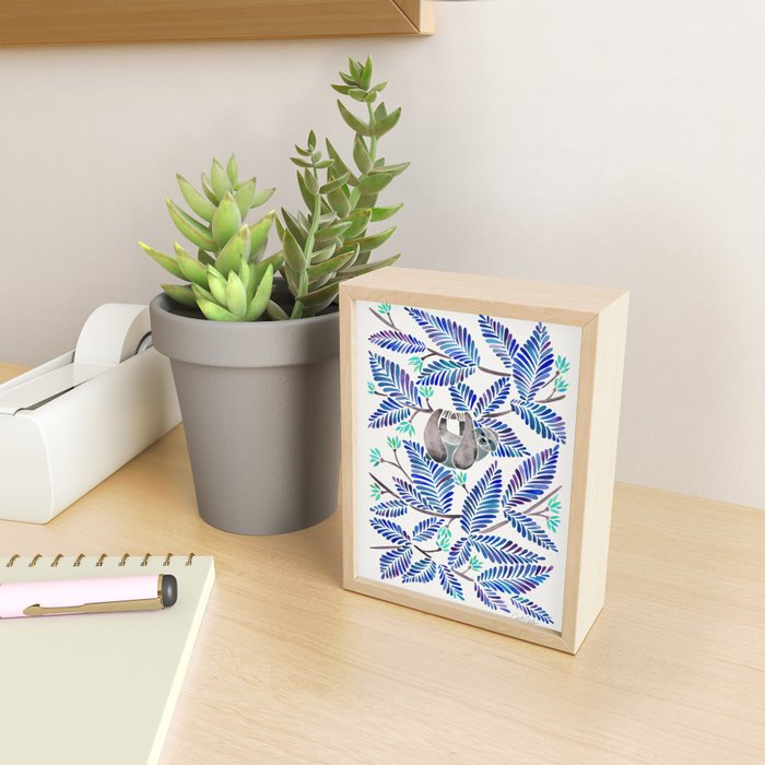 Happy Sloth - Tropical Blue Leaves Mini Art Print Gallery Image 2