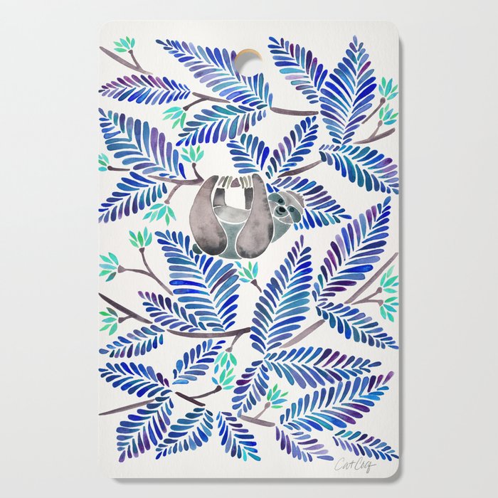 Happy Sloth - Tropical Blue Leaves Cutting Board Gallery Image 1