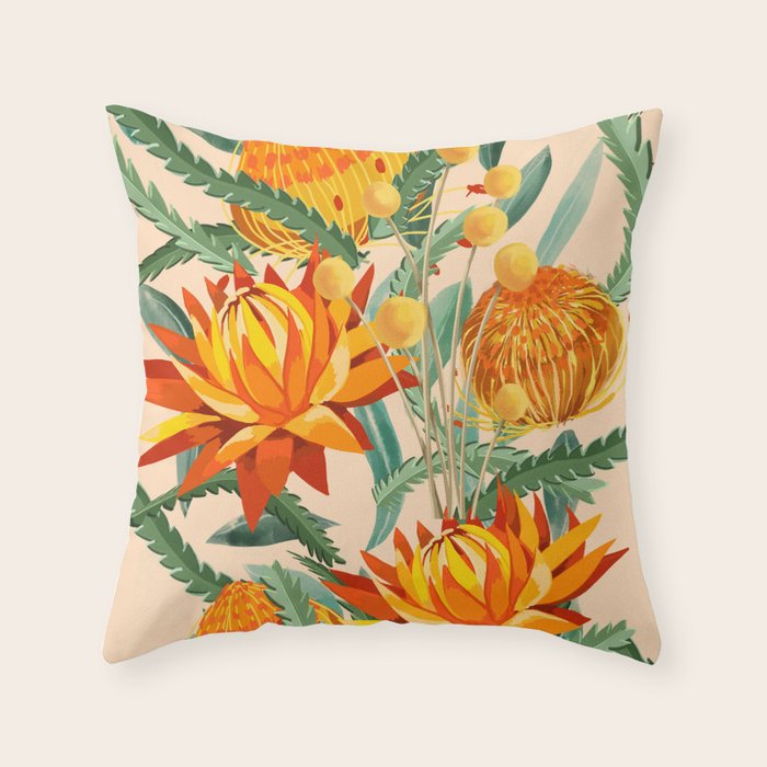 Botanical Australian natives orange on peach Throw Pillow Gallery Image 1