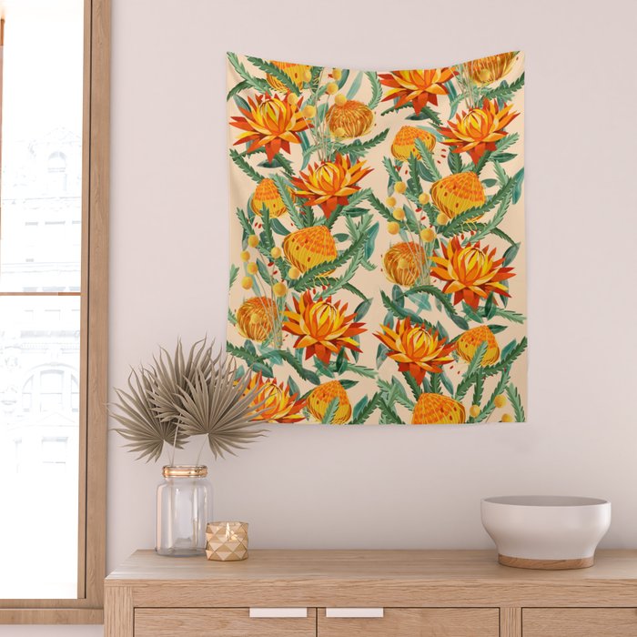 Botanical Australian natives orange on peach Wall Tapestry Gallery Image 2