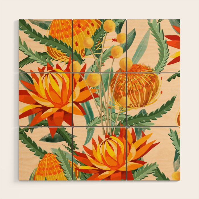 Botanical Australian natives orange on peach Wood Wall Art Gallery Image 1