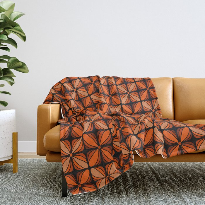 Retro 70s square mod flowers orange brown Throw Blanket Gallery Image 2