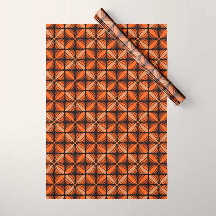 Retro 70s square mod flowers orange brown Wrapping Paper Gallery Image 1