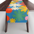 Colorful Flowers Retro 60s Aesthetic Floral Pattern on Blue Table Runner Gallery Image 1