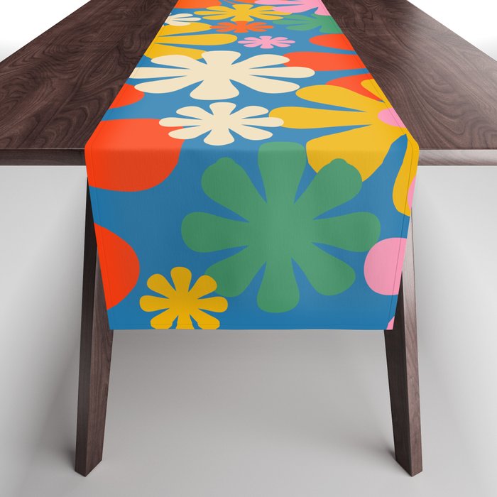 Colorful Flowers Retro 60s Aesthetic Floral Pattern on Blue Table Runner Gallery Image 1