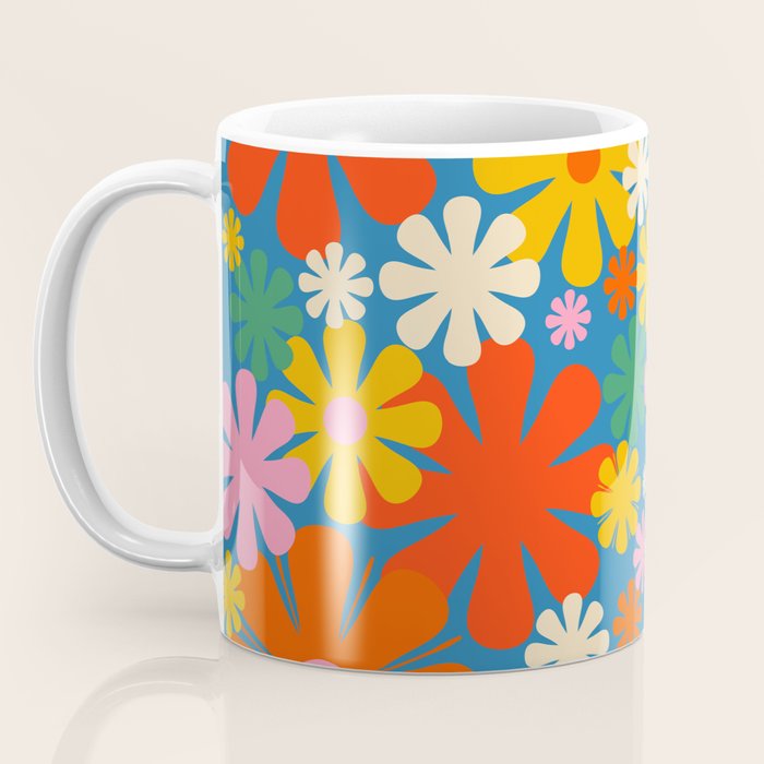 Colorful Flowers Retro 60s Aesthetic Floral Pattern on Blue Coffee Mug Gallery Image 3