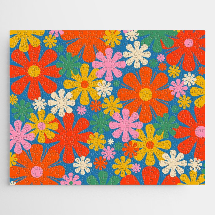 Colorful Flowers Retro 60s Aesthetic Floral Pattern on Blue Jigsaw Puzzle Gallery Image 1