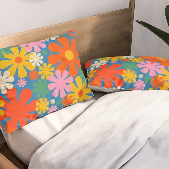 Colorful Flowers Retro 60s Aesthetic Floral Pattern on Blue Pillow Sham Gallery Image 2