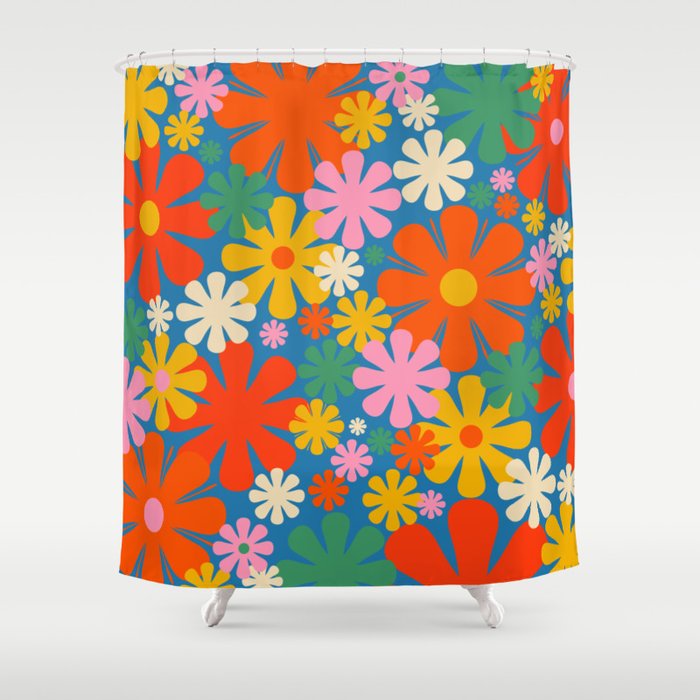 Colorful Flowers Retro 60s Aesthetic Floral Pattern on Blue Shower Curtain Gallery Image 1