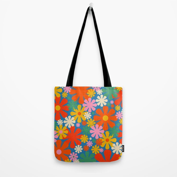 Colorful Flowers Retro 60s Aesthetic Floral Pattern on Blue Tote Bag Gallery Image 2