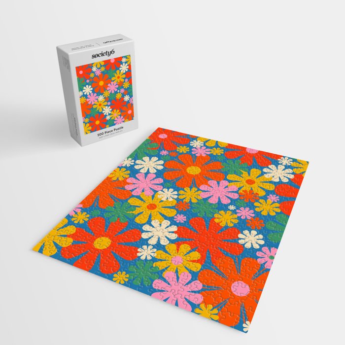 Colorful Flowers Retro 60s Aesthetic Floral Pattern on Blue Jigsaw Puzzle Gallery Image 2