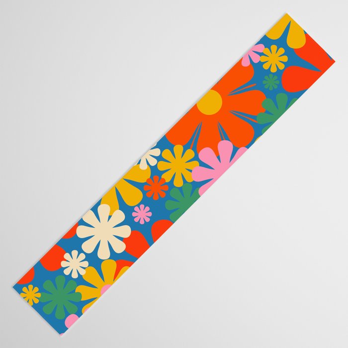 Colorful Flowers Retro 60s Aesthetic Floral Pattern on Blue Table Runner Gallery Image 3