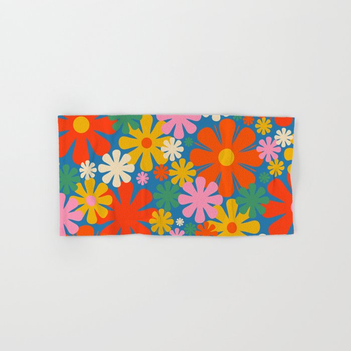 Colorful Flowers Retro 60s Aesthetic Floral Pattern on Blue Bath Towel Gallery Image 1