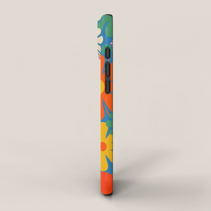 Colorful Flowers Retro 60s Aesthetic Floral Pattern on Blue iPhone Case Gallery Image 2