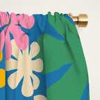 Colorful Flowers Retro 60s Aesthetic Floral Pattern on Blue Window Curtain Gallery Image 2