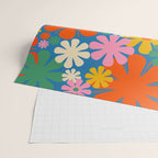 Colorful Flowers Retro 60s Aesthetic Floral Pattern on Blue Wrapping Paper Gallery Image 2
