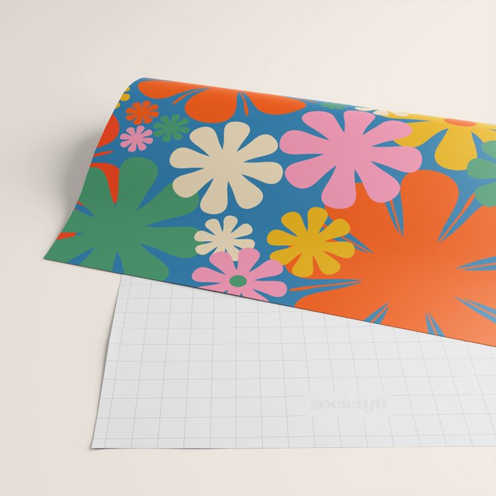 Colorful Flowers Retro 60s Aesthetic Floral Pattern on Blue Wrapping Paper Gallery Image 2