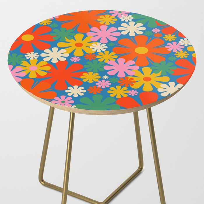 Colorful Flowers Retro 60s Aesthetic Floral Pattern on Blue Side Table Gallery Image 2