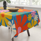 Colorful Flowers Retro 60s Aesthetic Floral Pattern on Blue Tablecloth Gallery Image 3
