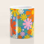 Colorful Flowers Retro 60s Aesthetic Floral Pattern on Blue Coffee Mug Gallery Image 4