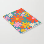 Colorful Flowers Retro 60s Aesthetic Floral Pattern on Blue Notebook Gallery Image 2