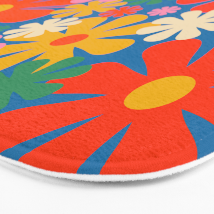 Colorful Flowers Retro 60s Aesthetic Floral Pattern on Blue Bath Mat Gallery Image 3
