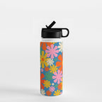 Colorful Flowers Retro 60s Aesthetic Floral Pattern on Blue Water Bottle Gallery Image 1