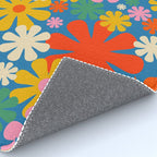 Colorful Flowers Retro 60s Aesthetic Floral Pattern on Blue Rug Gallery Image 4