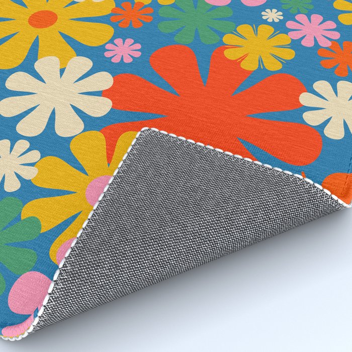Colorful Flowers Retro 60s Aesthetic Floral Pattern on Blue Rug Gallery Image 4