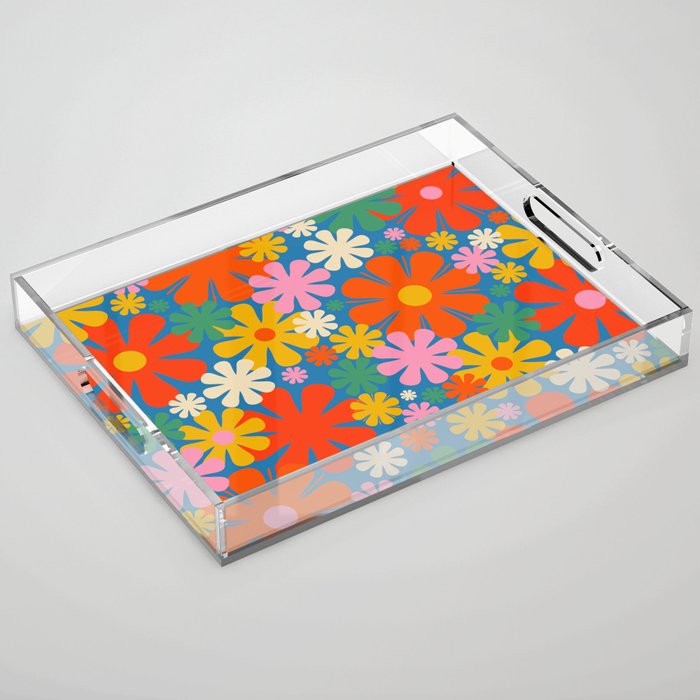 Colorful Flowers Retro 60s Aesthetic Floral Pattern on Blue Acrylic Tray Gallery Image 1