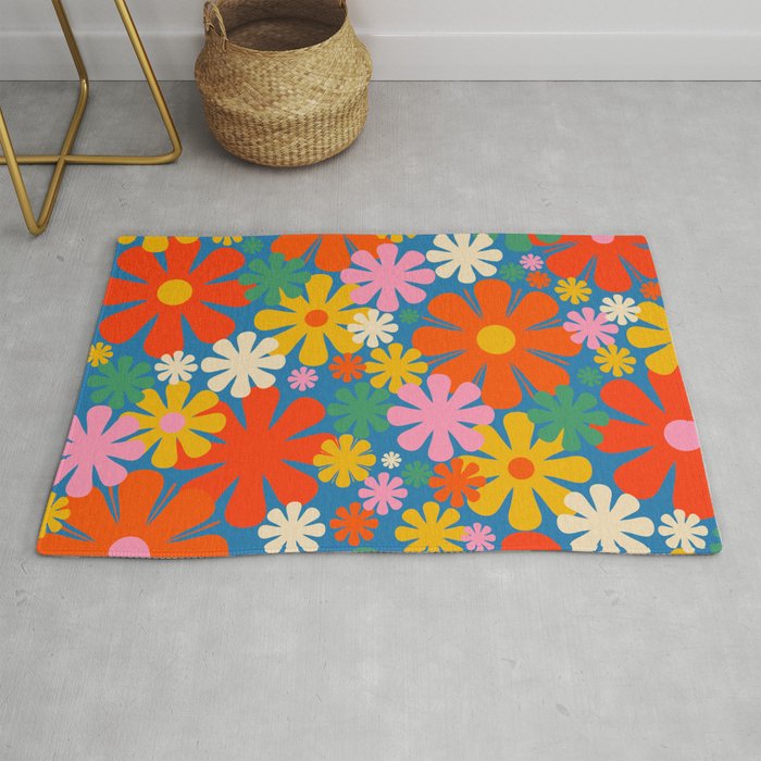 Colorful Flowers Retro 60s Aesthetic Floral Pattern on Blue Rug Gallery Image 1