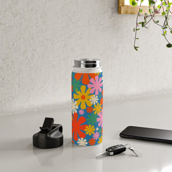 Colorful Flowers Retro 60s Aesthetic Floral Pattern on Blue Water Bottle Gallery Image 4