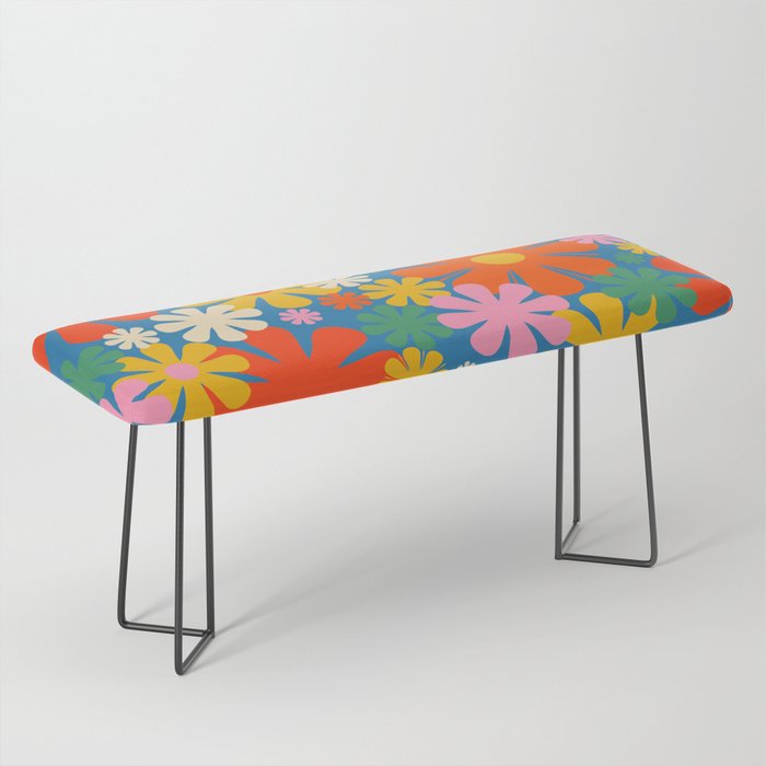 Colorful Flowers Retro 60s Aesthetic Floral Pattern on Blue Bench Gallery Image 1