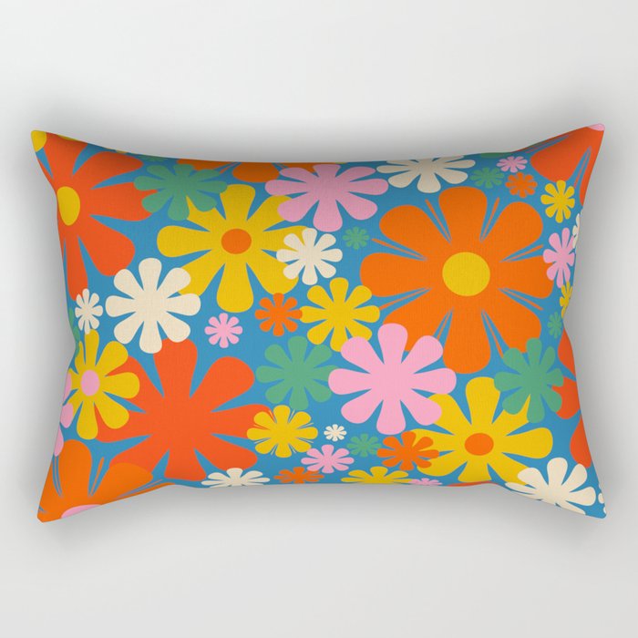 Colorful Flowers Retro 60s Aesthetic Floral Pattern on Blue Rectangular Pillow Gallery Image 1